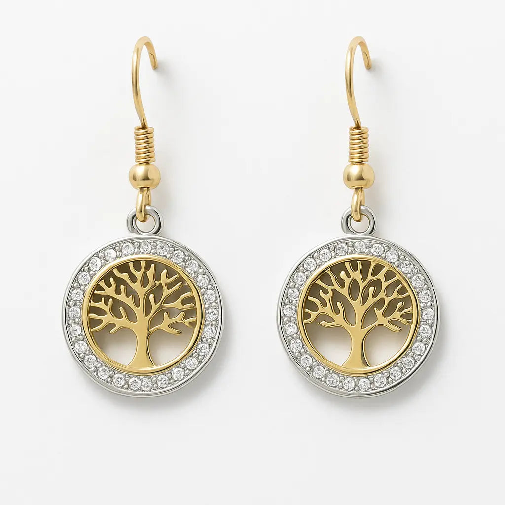 Boucles d'oreilles Arbre de vie - dorées et cristaux blancs - Harmony & Senteur