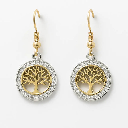 Boucles d'oreilles Arbre de vie - dorées et cristaux blancs - Harmony & Senteur